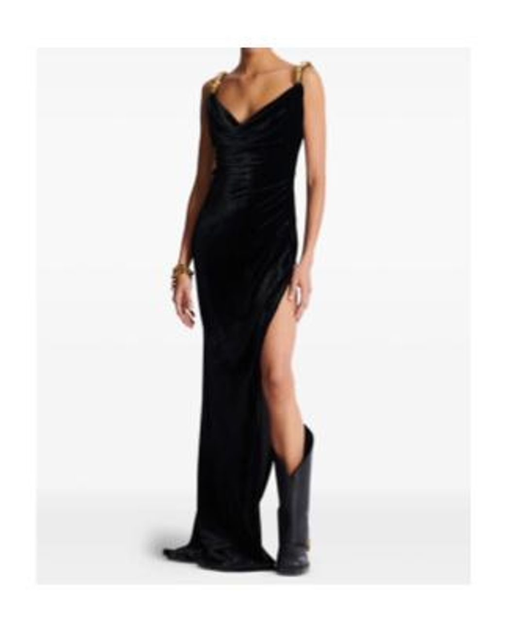 Balmain Black Velvet Button-Strap Maxi Dress