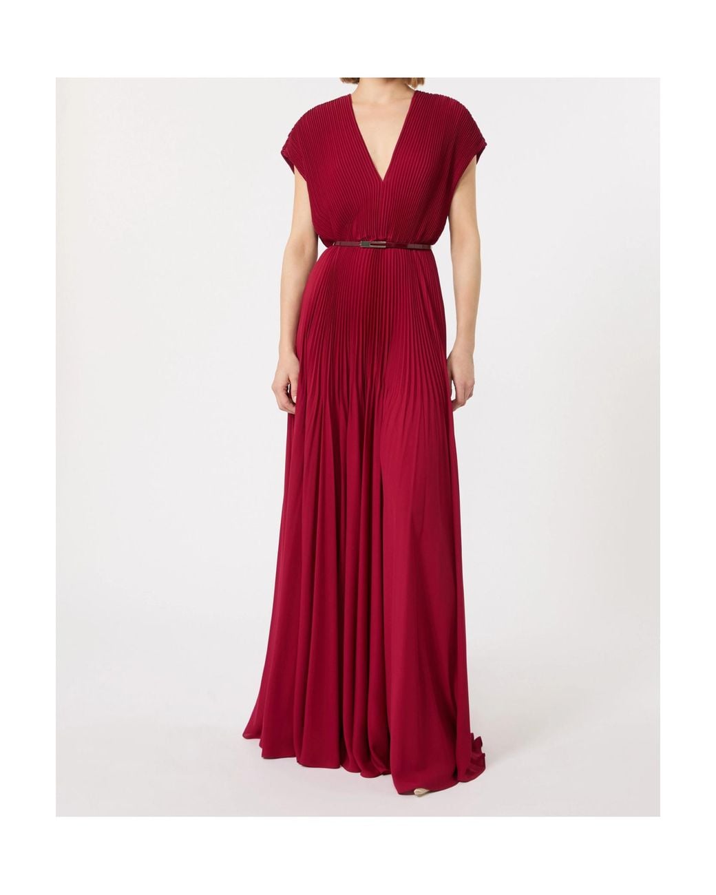 Max Mara Red Belted-Waist Pleated Maxi Dress