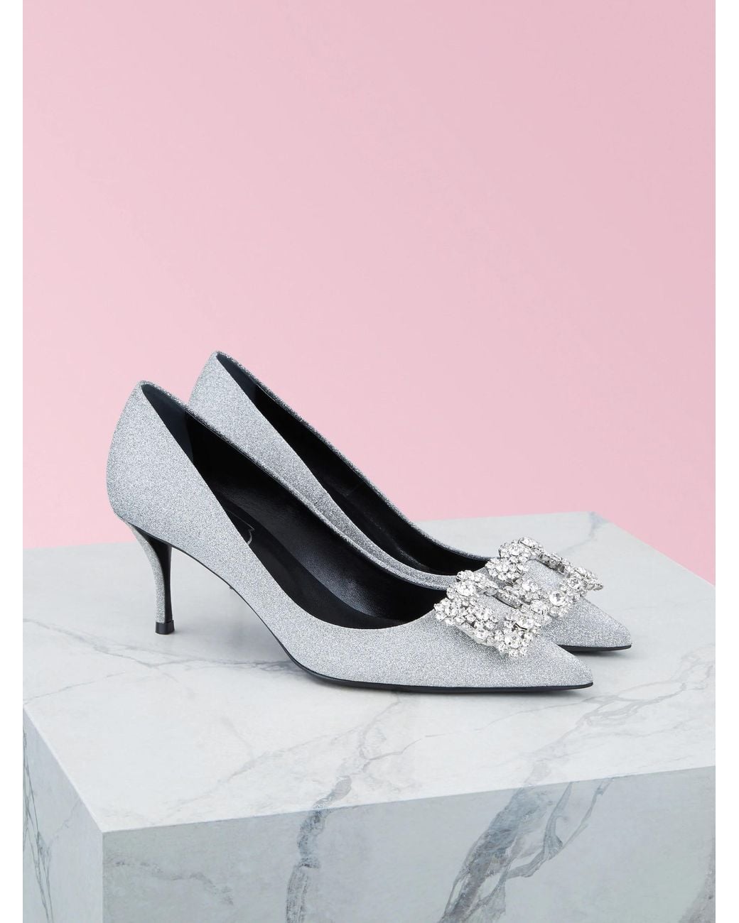 Roger Vivier White Flower Buckle Pointed Toe Pumps