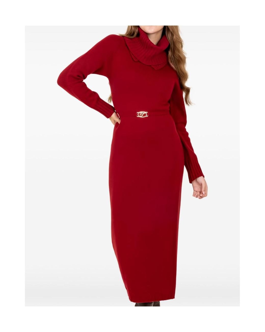 Twinset Red High-Neck Knit Dress