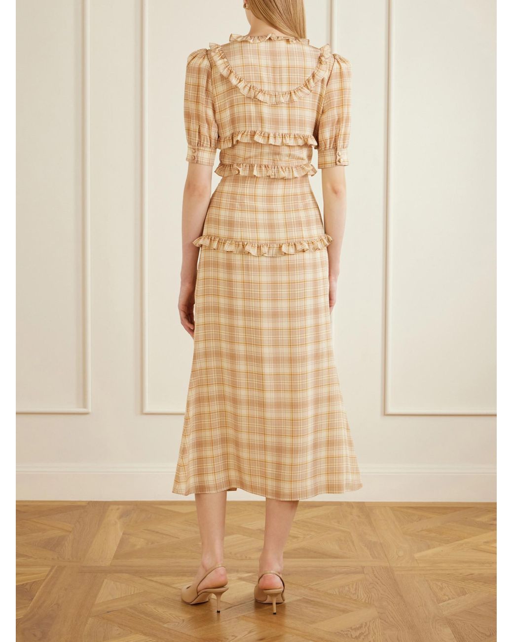 Alessandra Rich Natural Ruffled Checked Silk Midi Dress