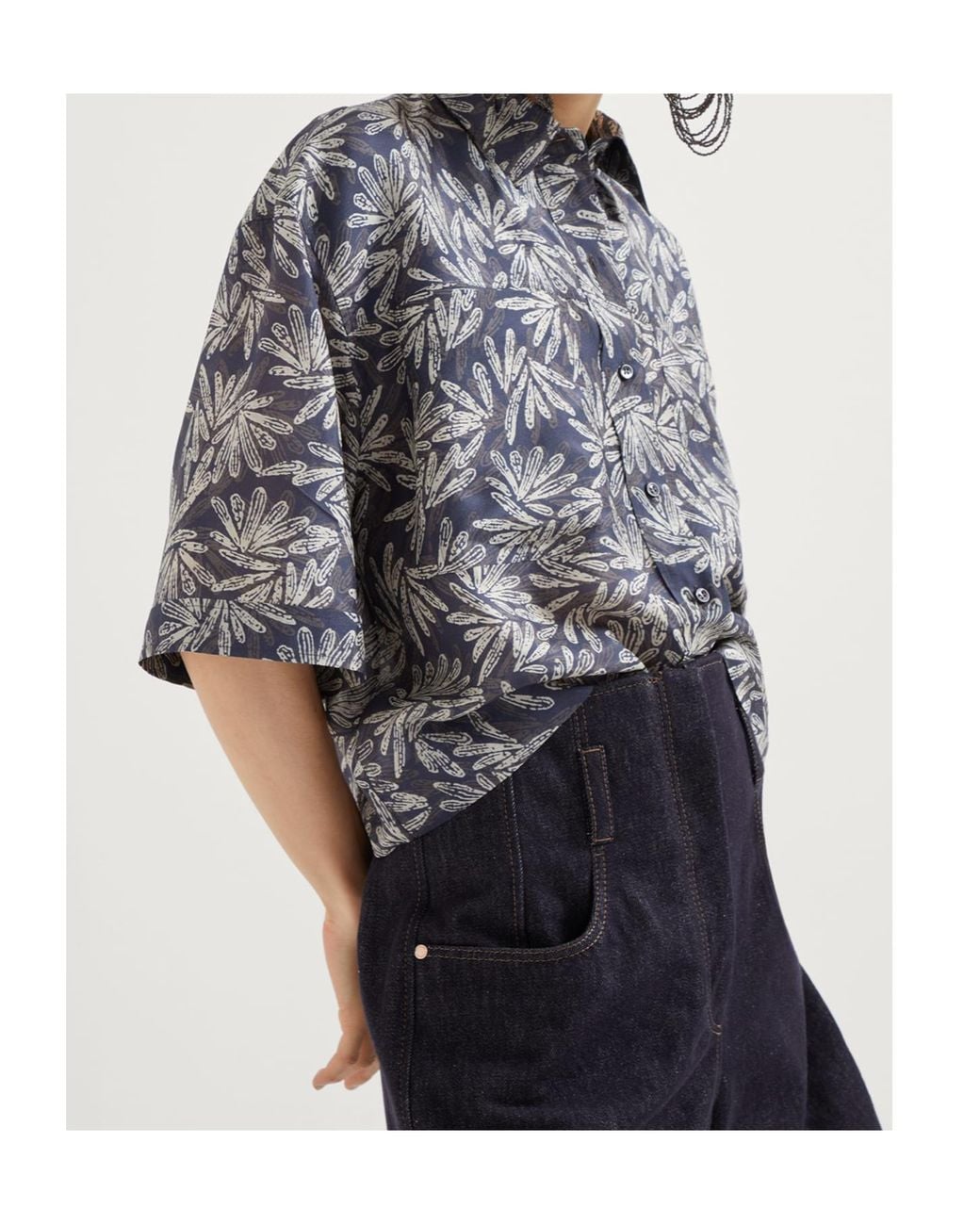 Brunello Cucinelli Blue Leaf-Print Silk Shirt