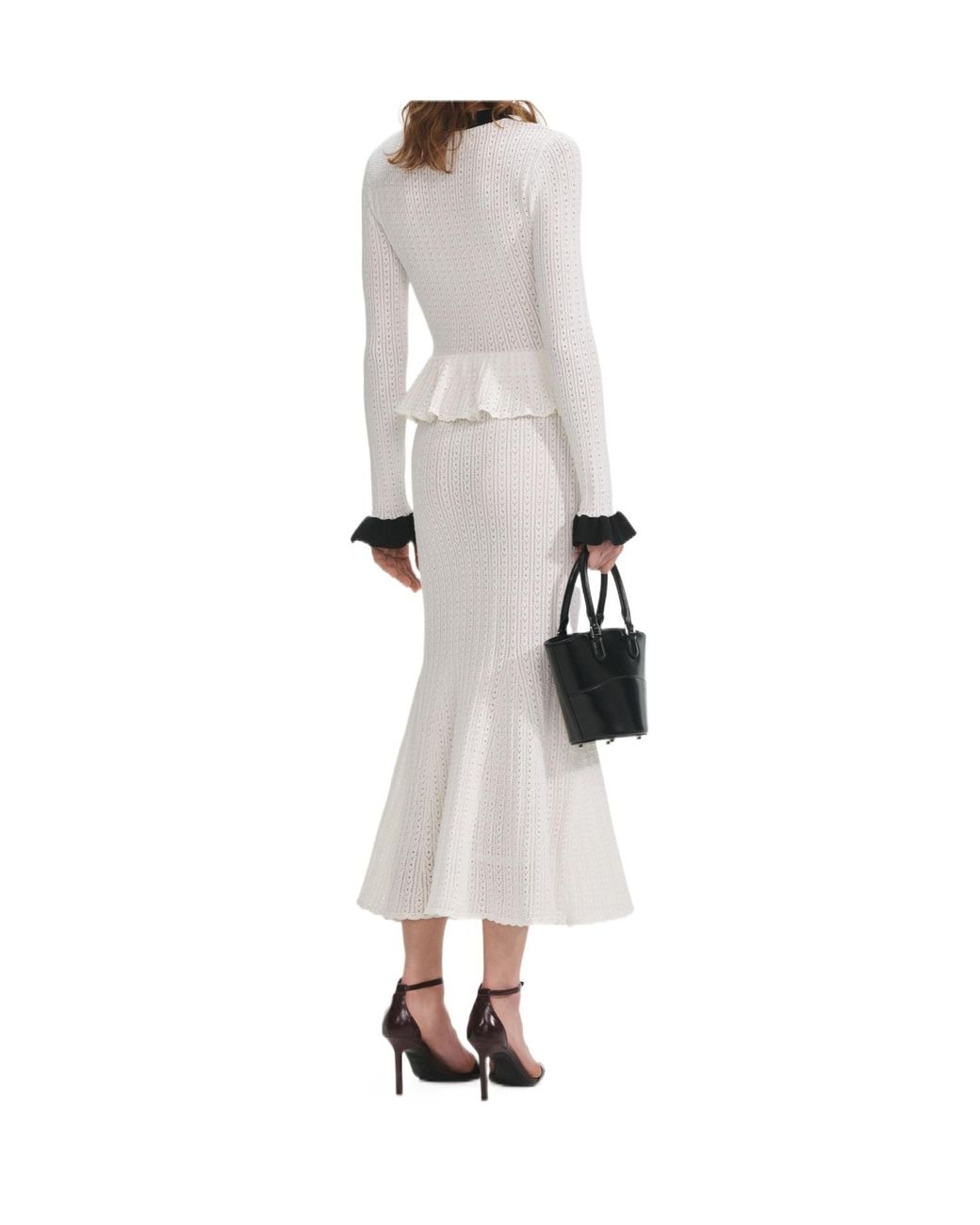 Self-Portrait White Pointelle Knit Contrast Midi Dress