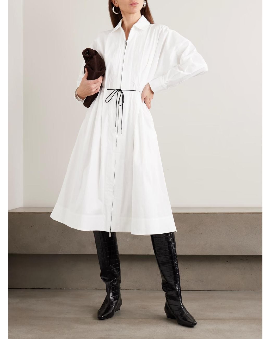 Staud White Chi Tie-Waist Pleated Dress