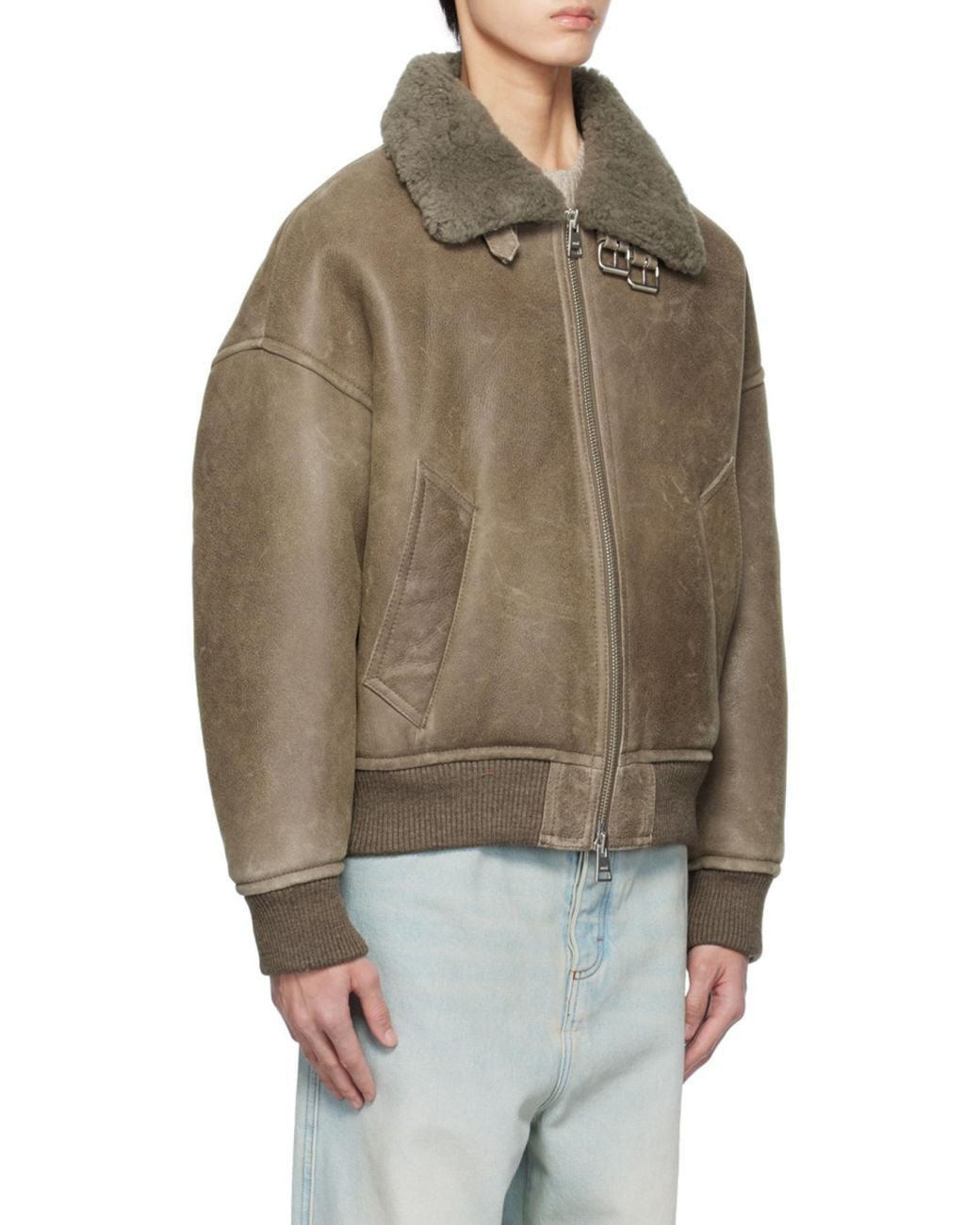 AMI Green Zipped Shearling Bomber Jacket for men