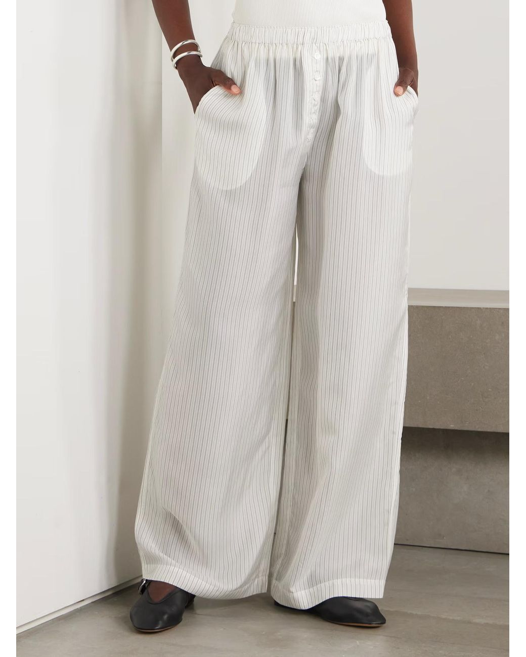 Frankie Shop White Striped Wide-Leg Casual Pants