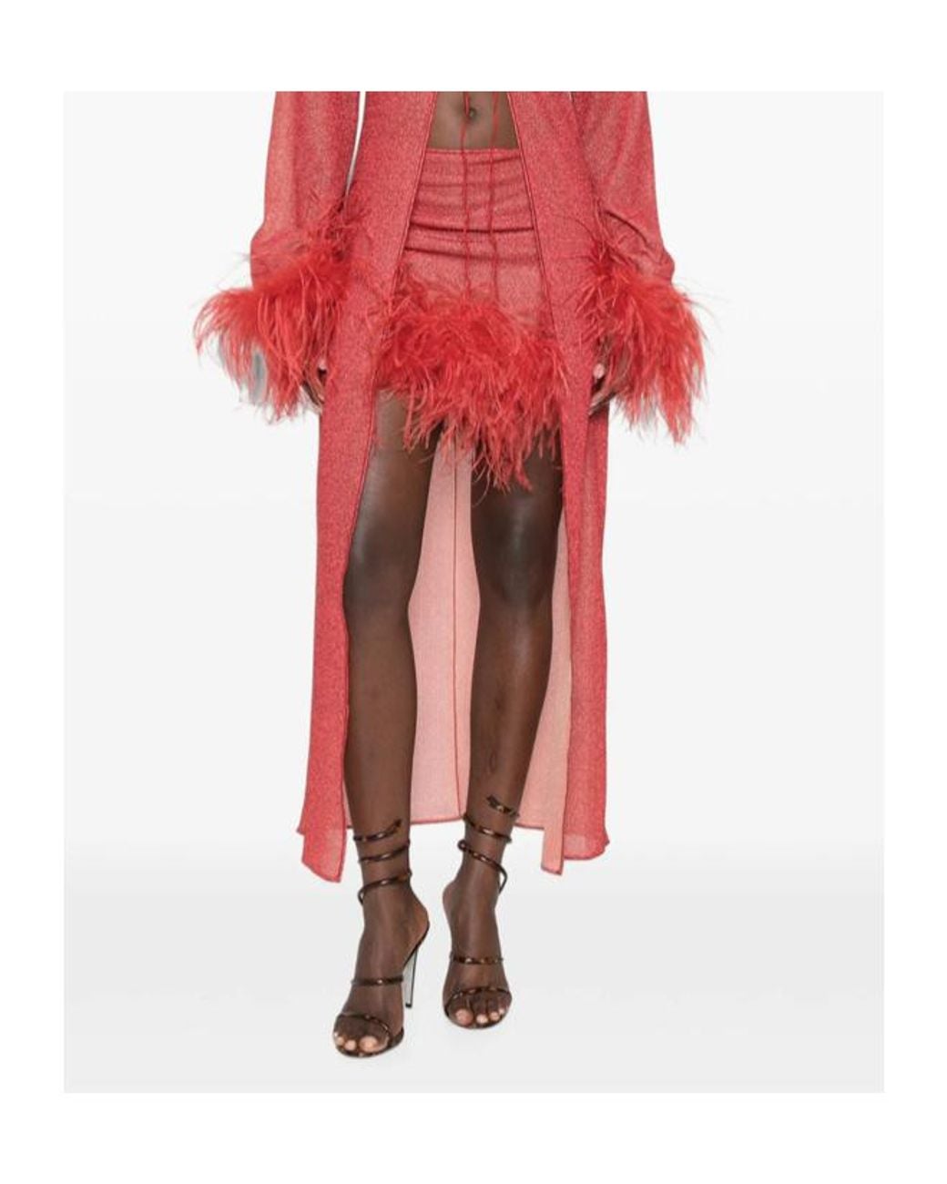 Oseree Red Feather-Decorated Midi Skirt