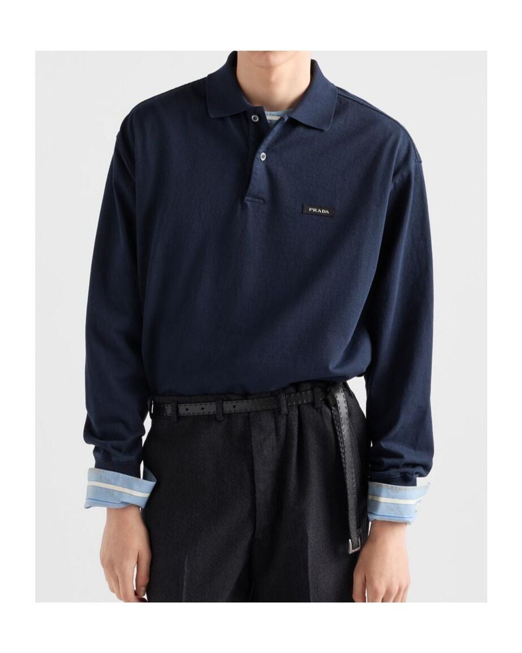 Prada Blue Logo Patch Long-Sleeve Polo Shirt for men