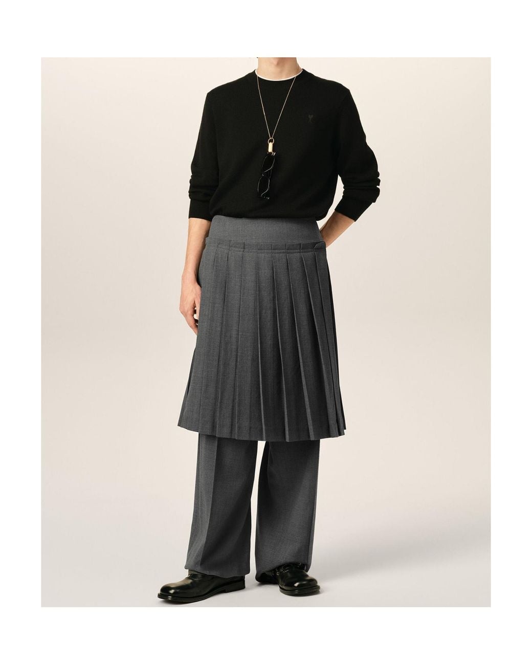 AMI Gray Mid-Length Pleated Wool Skirt for men