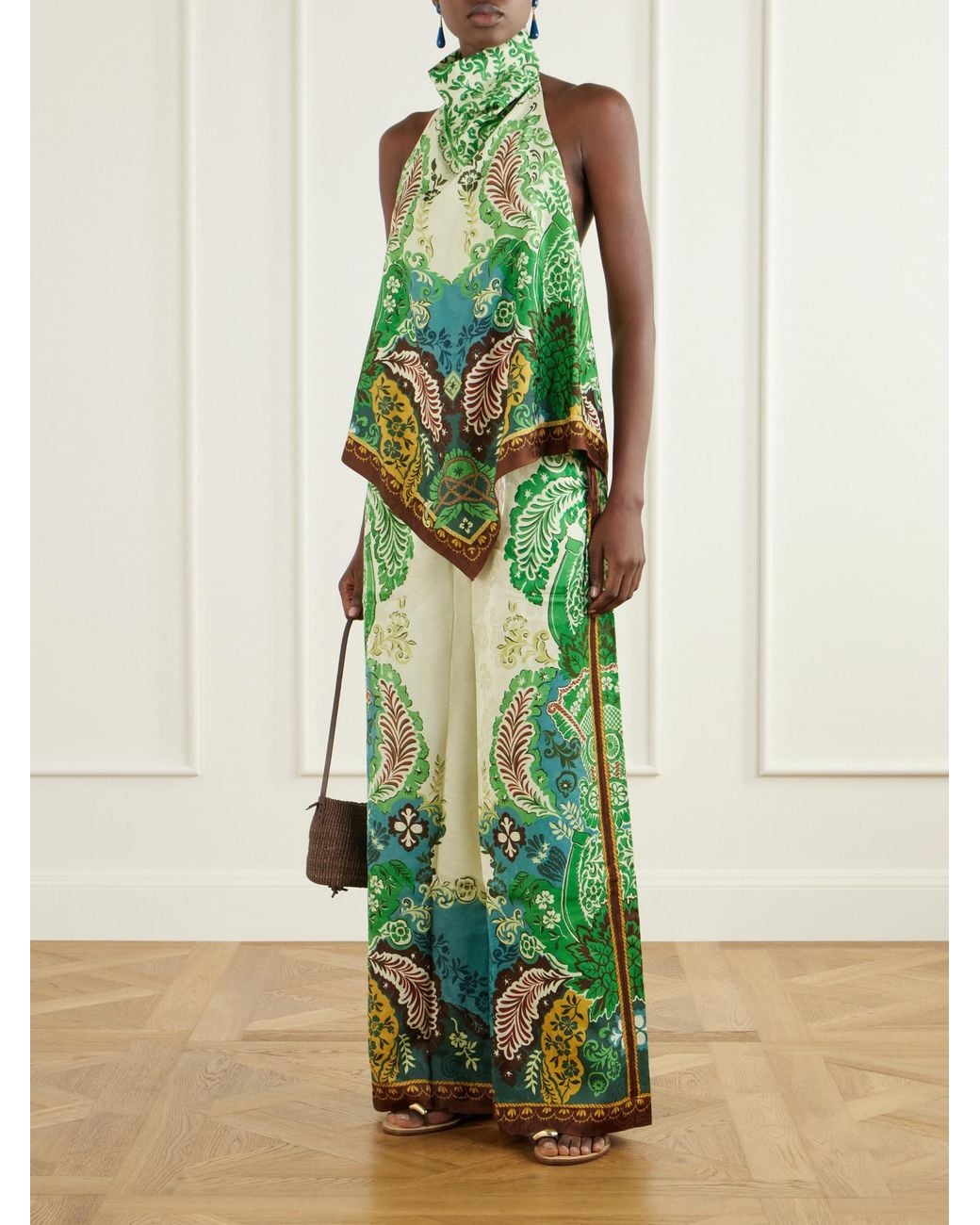 ALÉMAIS Green Floral-Jacquard Satin Top