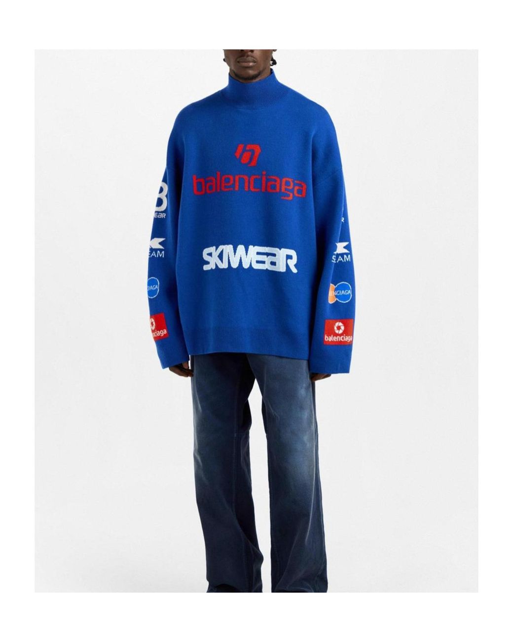 Balenciaga Blue Simple Printed Knit Sweater for men