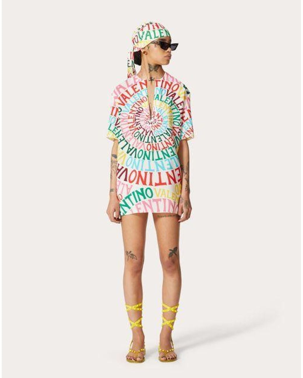Valentino White Logo Ringed Crepe Chine Dress