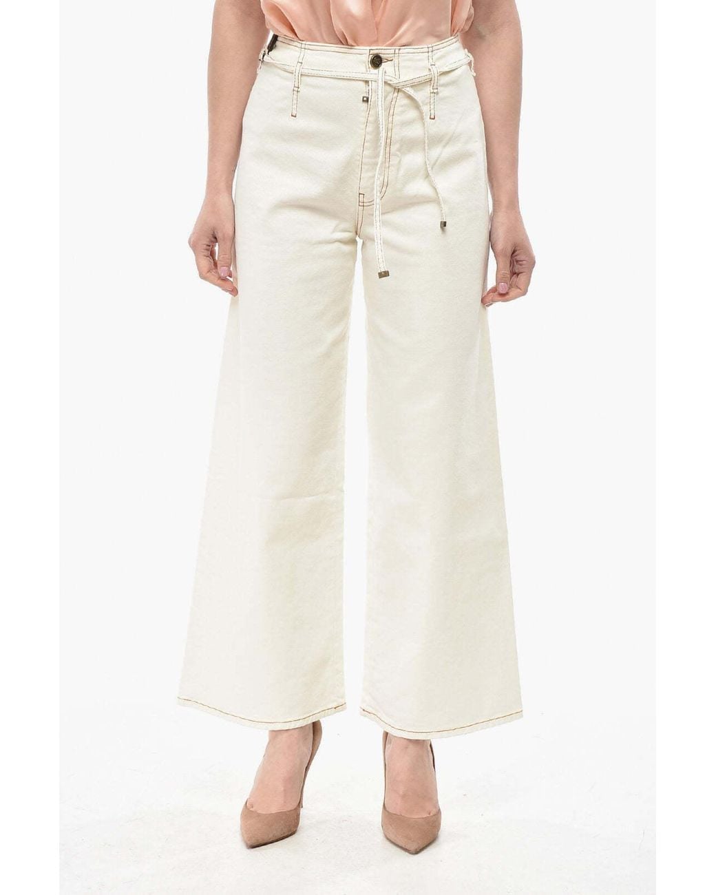 Etro Natural Wide-Leg Trousers With Topstitching