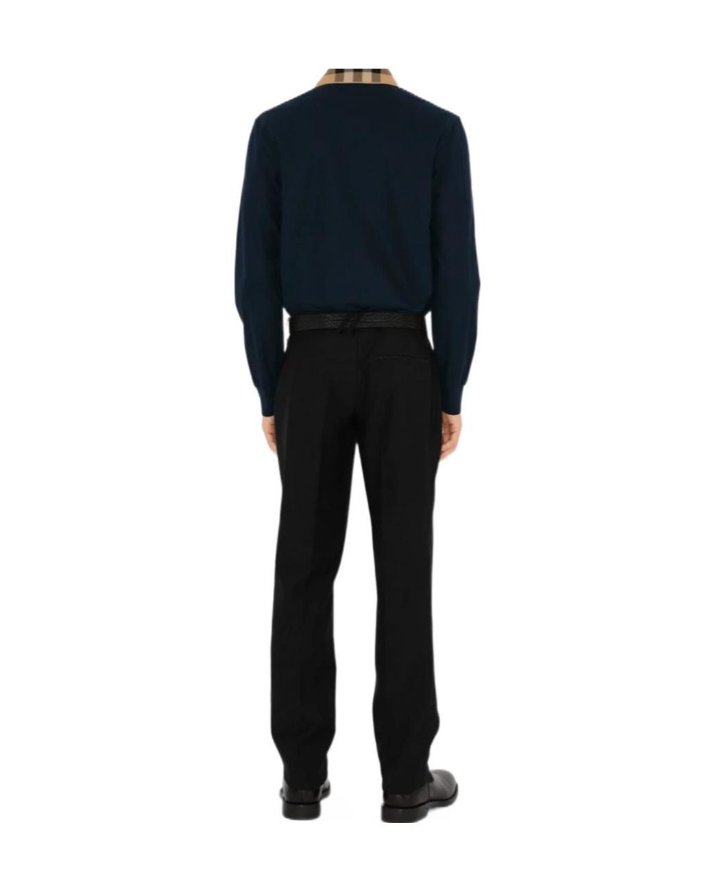 Burberry Blue Cotton Check-Collar Long-Sleeve Polo Shirt for men