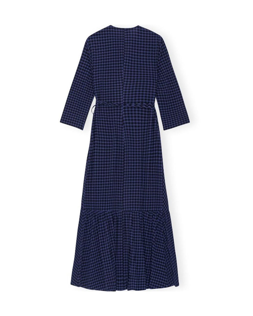Ganni Blue Checkered Seersucker Gathered Midi Wrap Dress