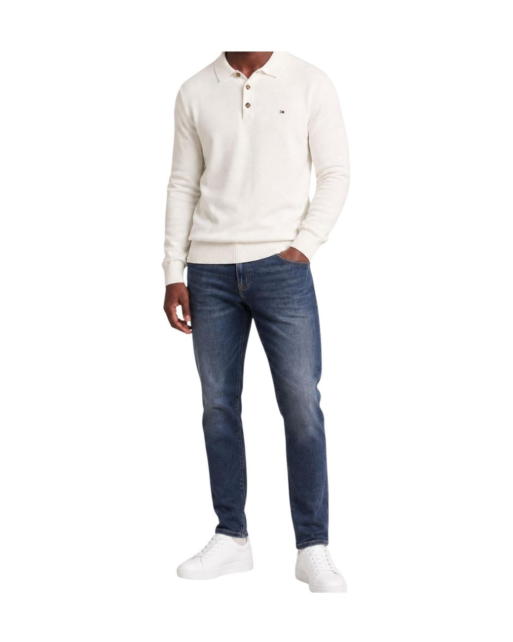 Tommy Hilfiger White Logo-Patch Long-Sleeve Polo Shirt for men