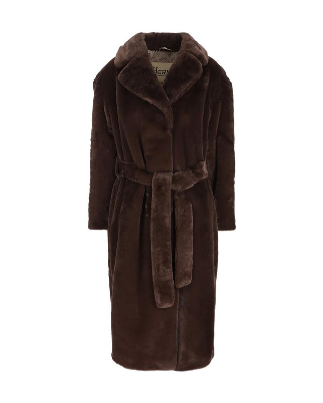 Herno Brown Belted Faux Fur Long Coat