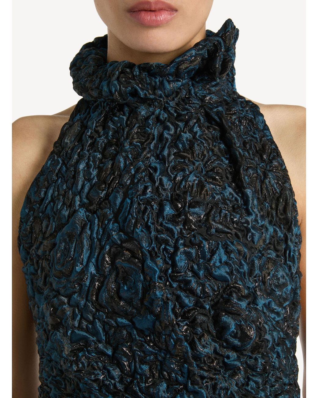 Balmain Blue Draped Cloqué Jacquard Dress