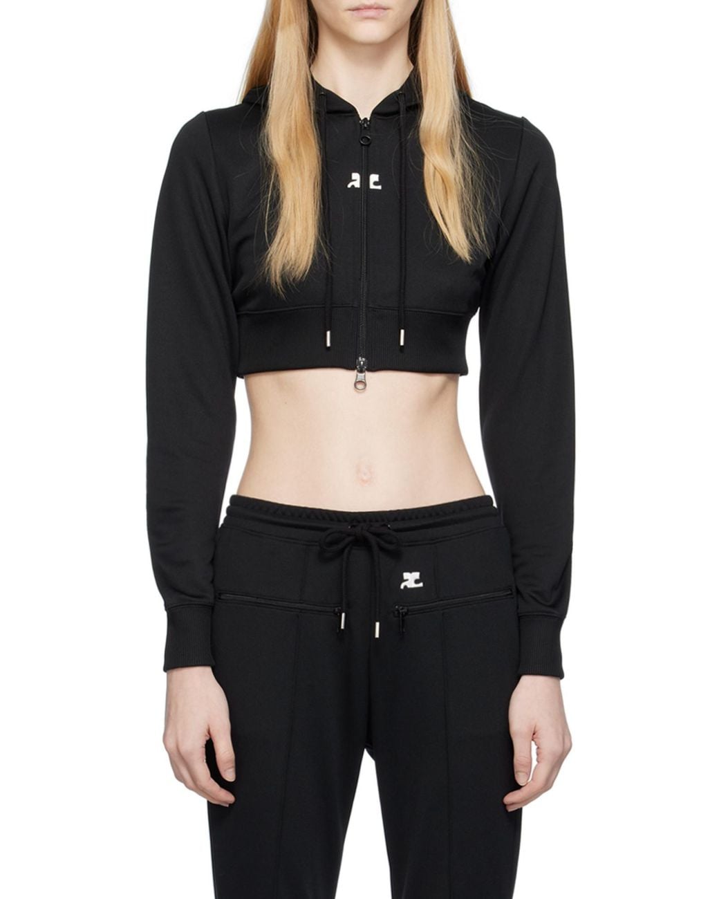 Courreges Black Logo-Patch Cropped Zipped Hoodie
