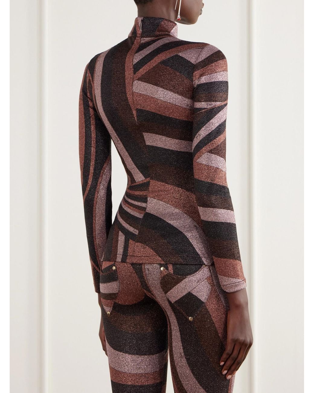 Emilio Pucci Brown Printed Stretch-Jersey Turtleneck Top