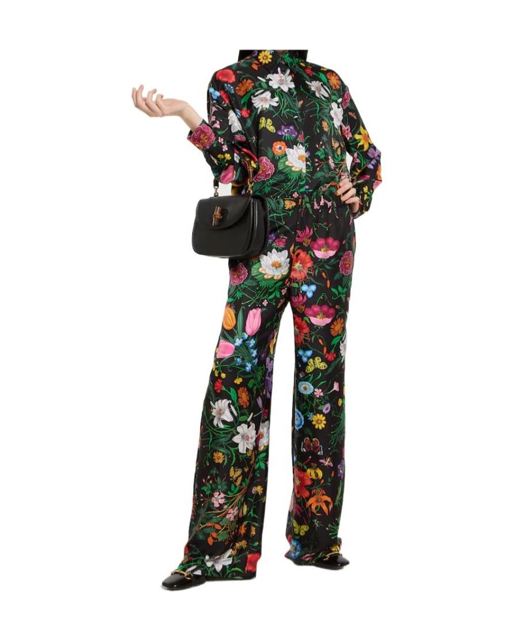 Gucci Black Floral Print Twill Pants