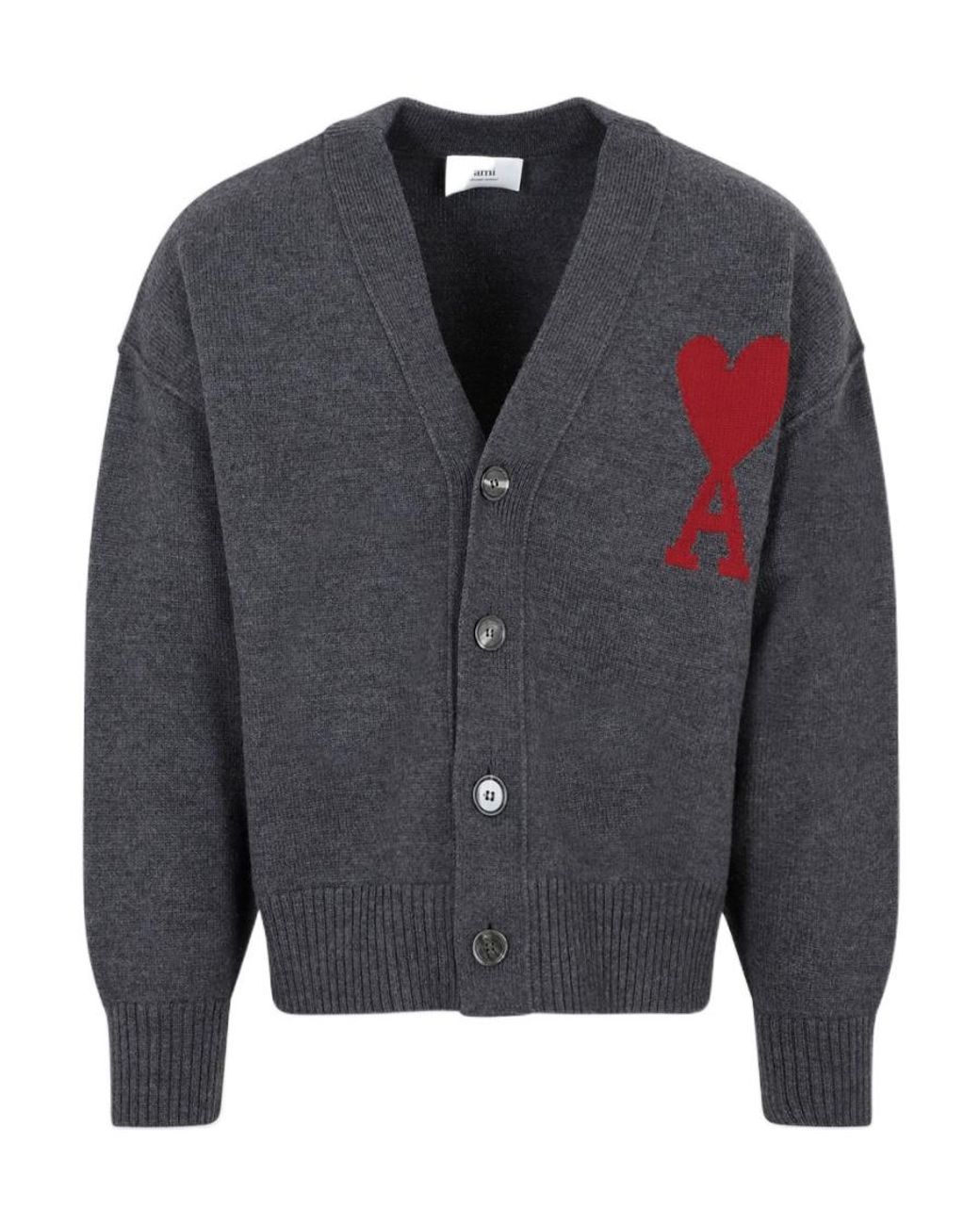 AMI Gray Ami De Coeur Logo Intarsia V-Neck Cardigan for men