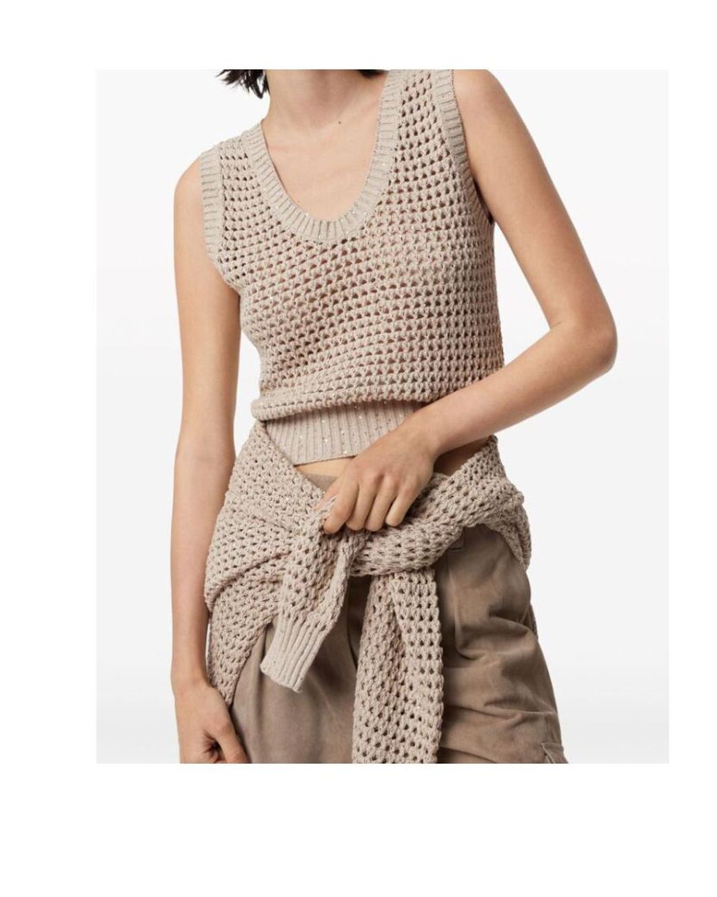 Brunello Cucinelli Natural Sequin Embellished Open Knitted Vest