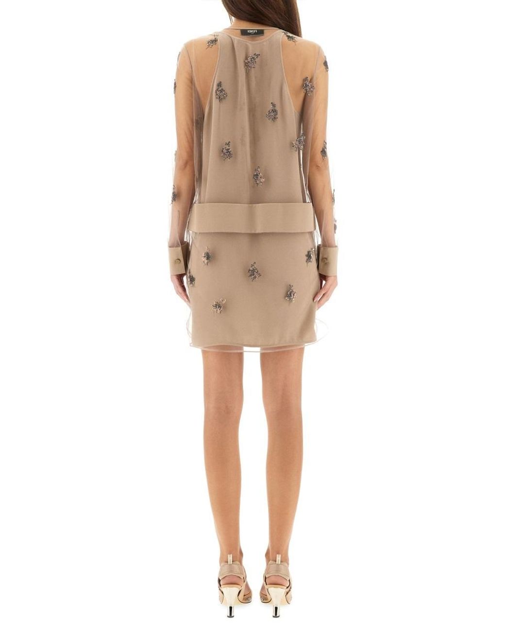 Fendi Natural Floral Embellished Sheer Sleeved Mini Dress