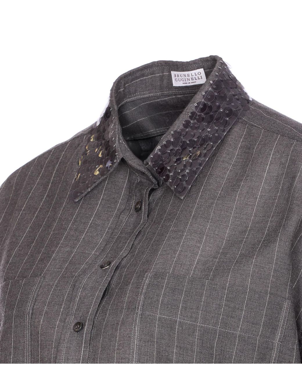 Brunello Cucinelli Gray Embellished Striped Shirt