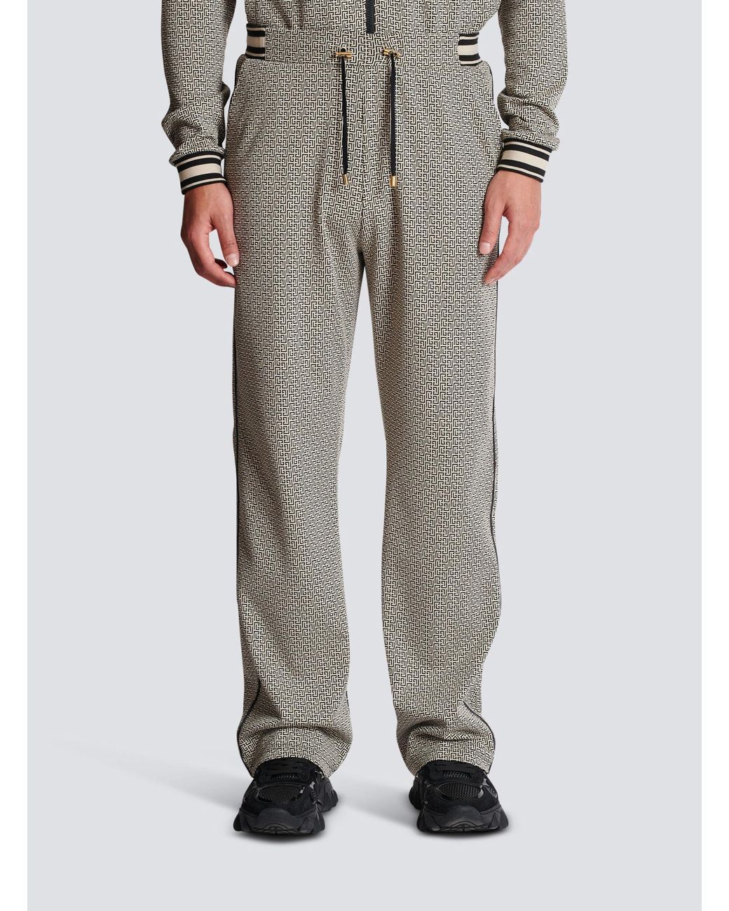 Balmain Gray Monogram-Jacquard Drawstring Pants for men