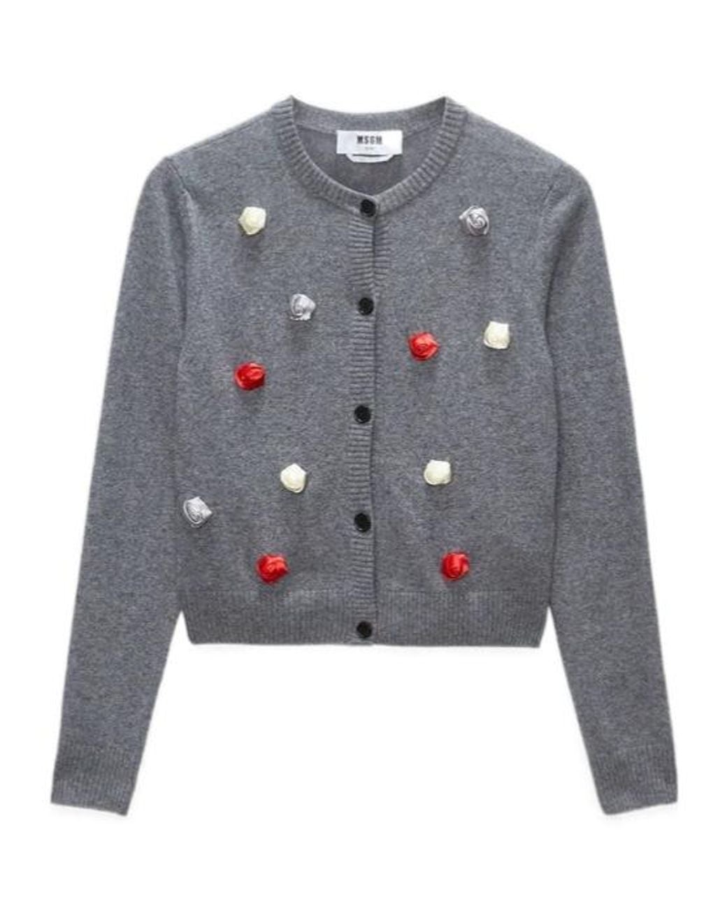 MSGM Gray Rose-Appliqué Knitted Cardigan