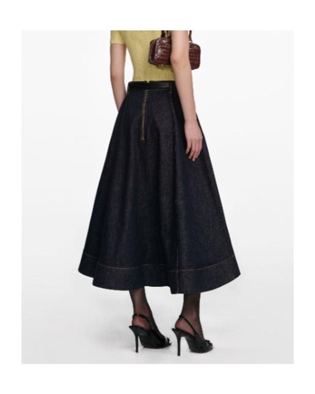 Self-Portrait Black Denim Flared Midi Skirt