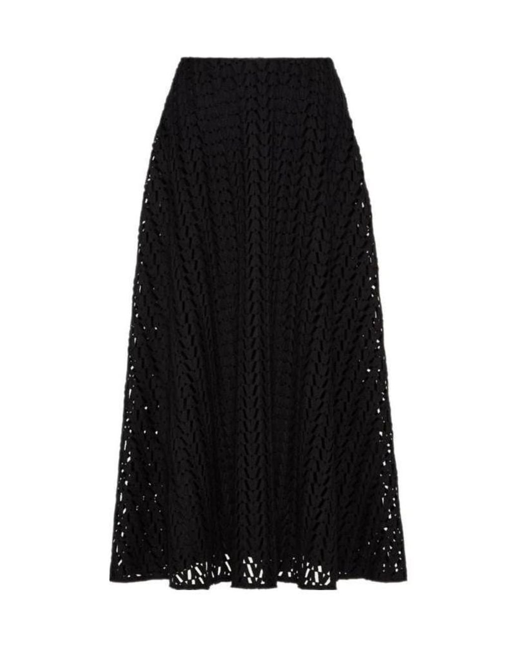 Valentino Black Optical V-Logo Cut-Out A-Line Midi Skirt