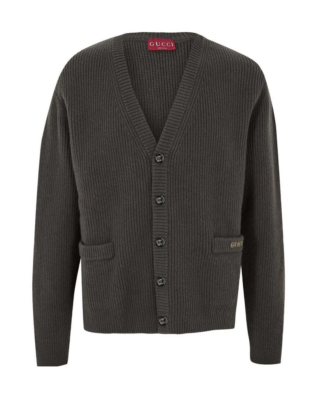 Gucci Gray V-Neck Ribbed Knit Cardigan for men