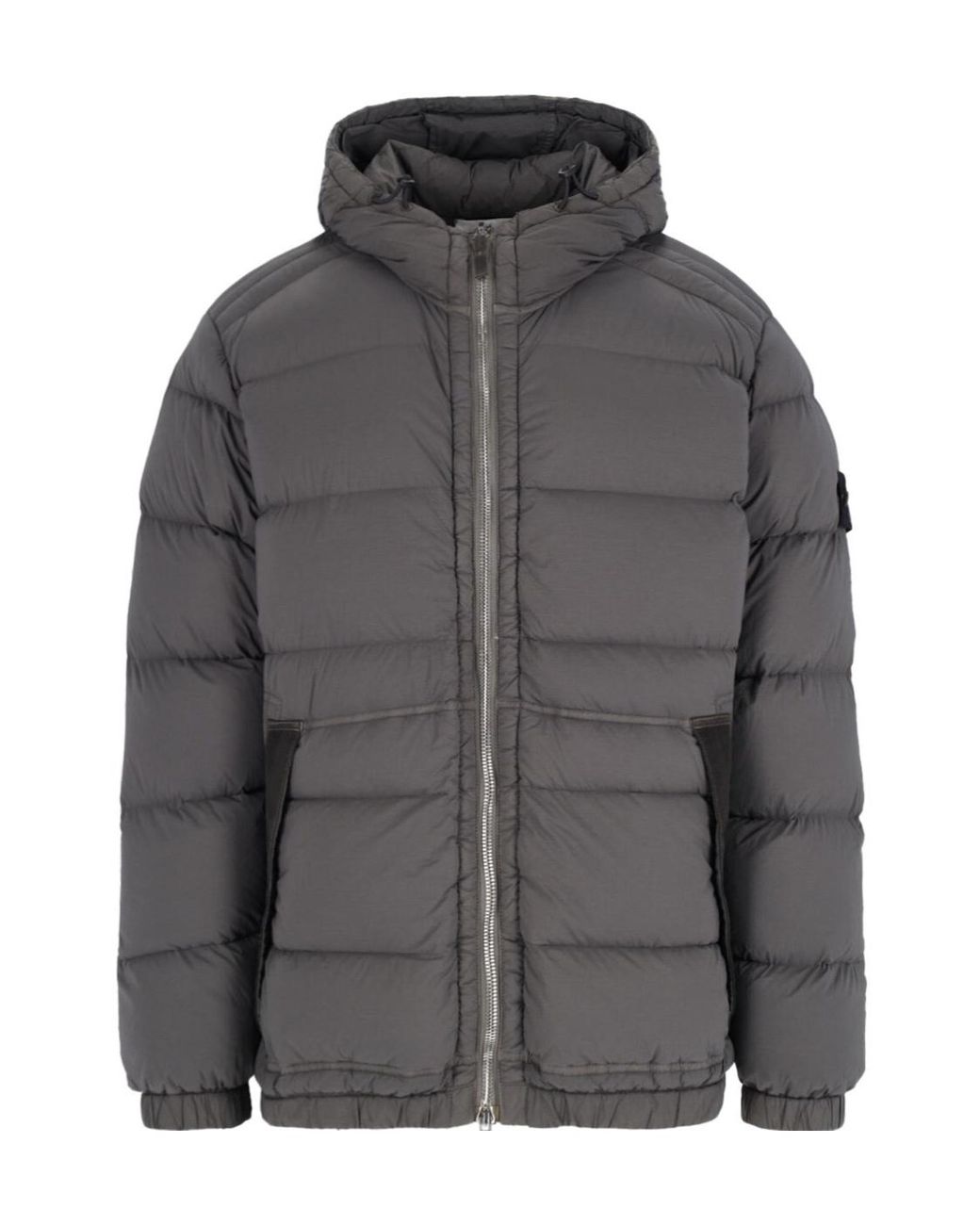 Stone Island Gray Logo Patch Hooded Puffer Jacket for men