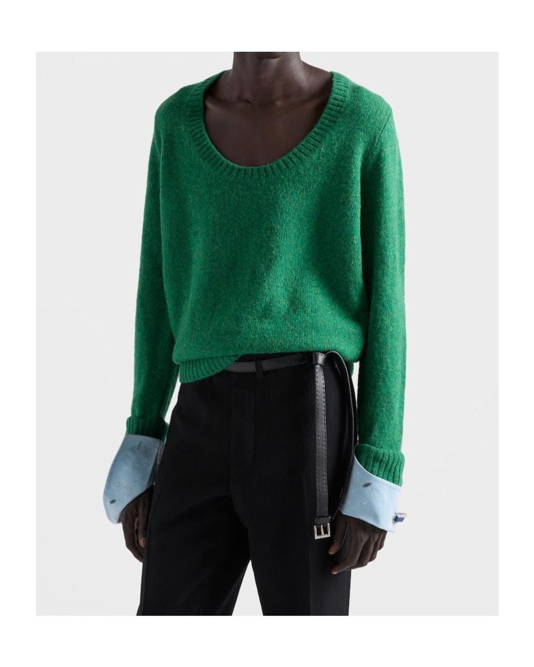 Prada Green Shetland Wool Wide-Neck Sweater for men