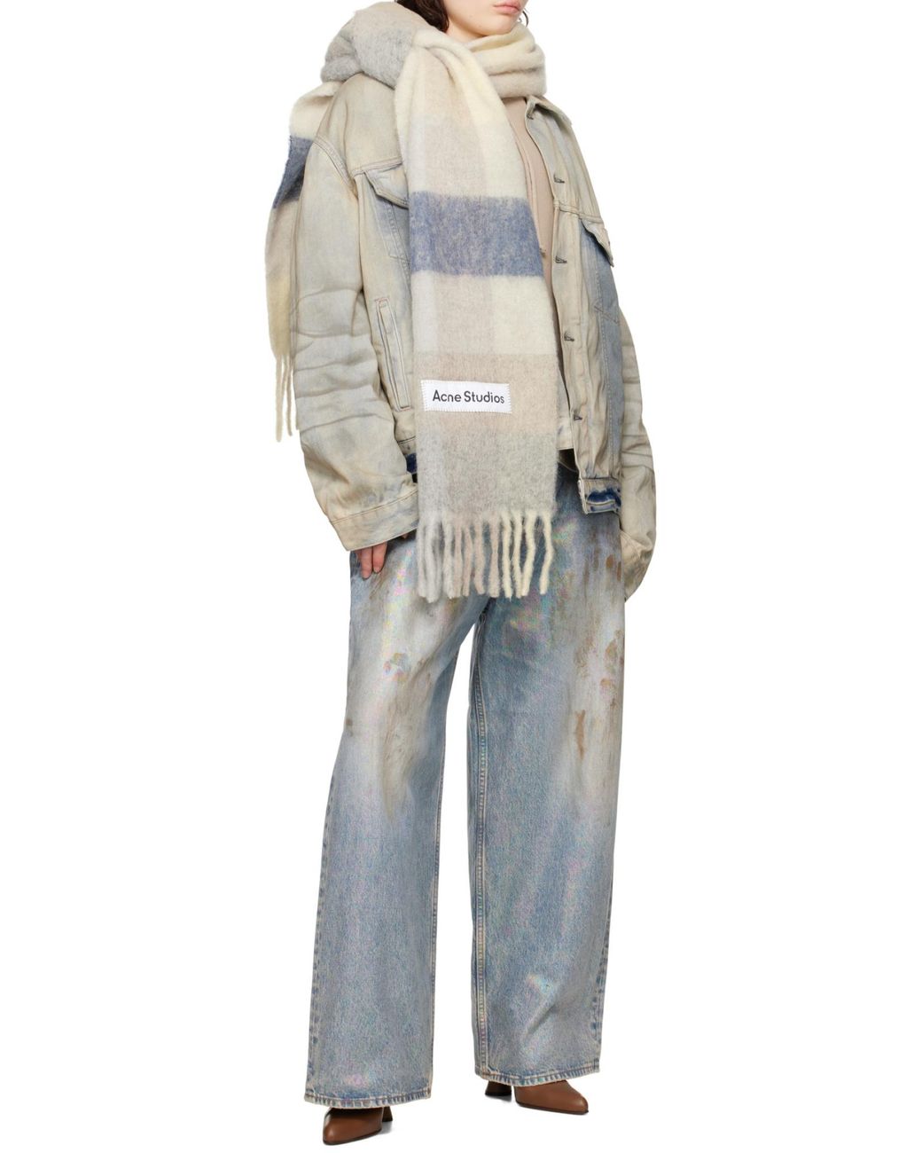 Acne White Logo Patch Checked Scarf for men