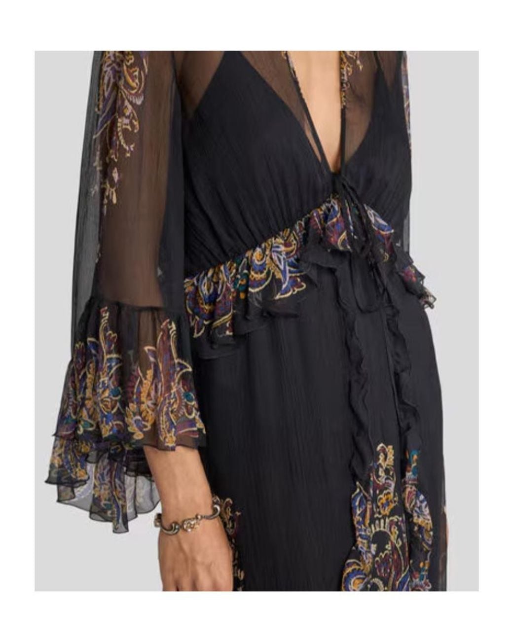 Etro Black Long Silk Dress With Placed Paisley Foliage Print