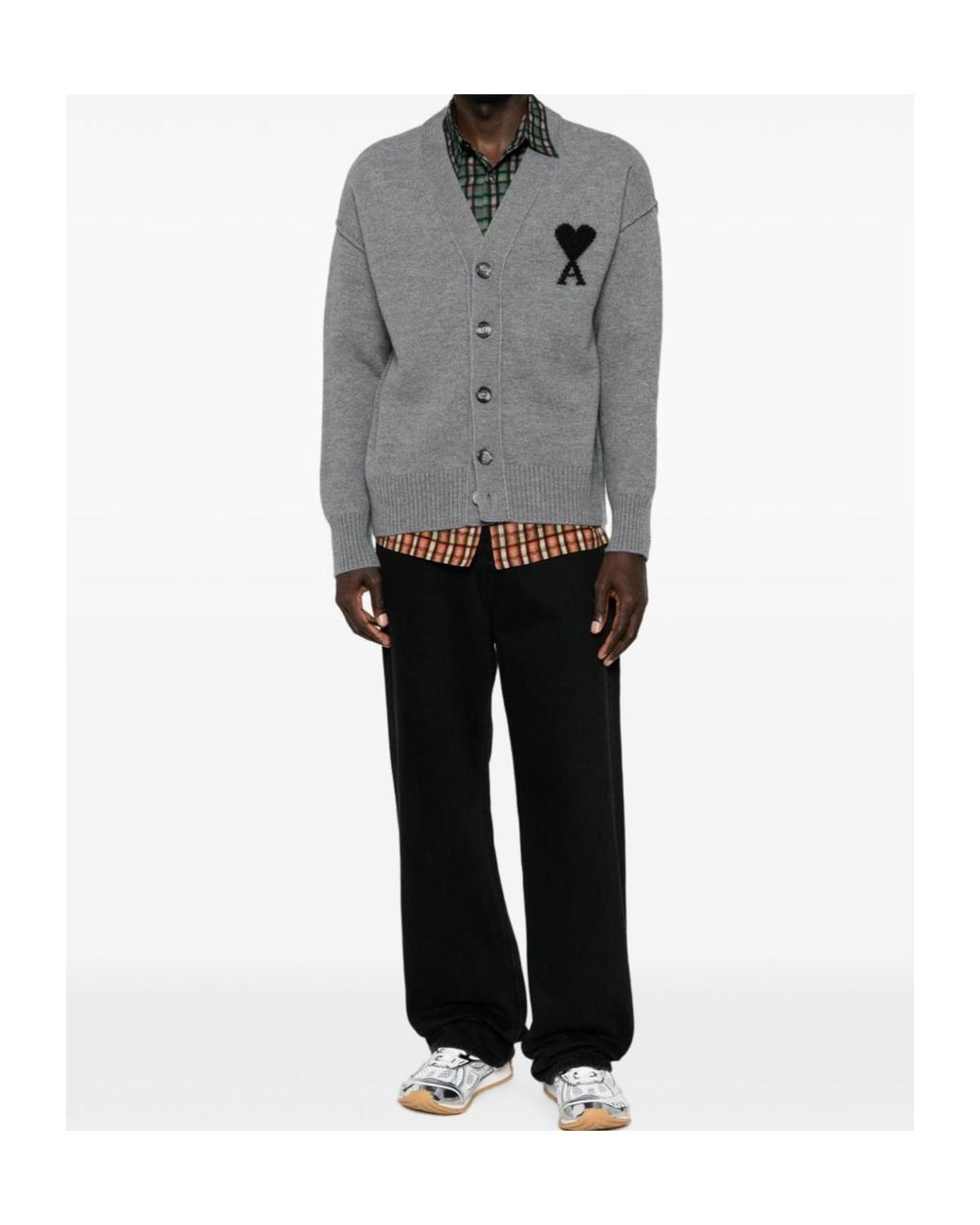 AMI Gray Ami Ami De Coeur V-Neck Cardigan for men