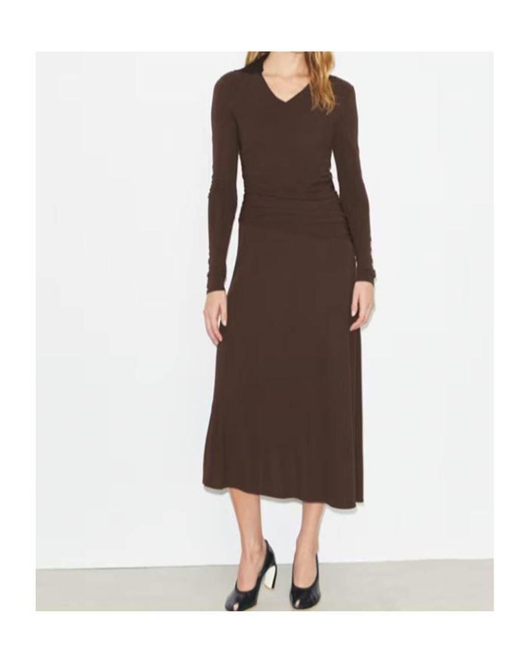 Tory Burch Brown Asymmetric Hem V-Neck Draped Dress