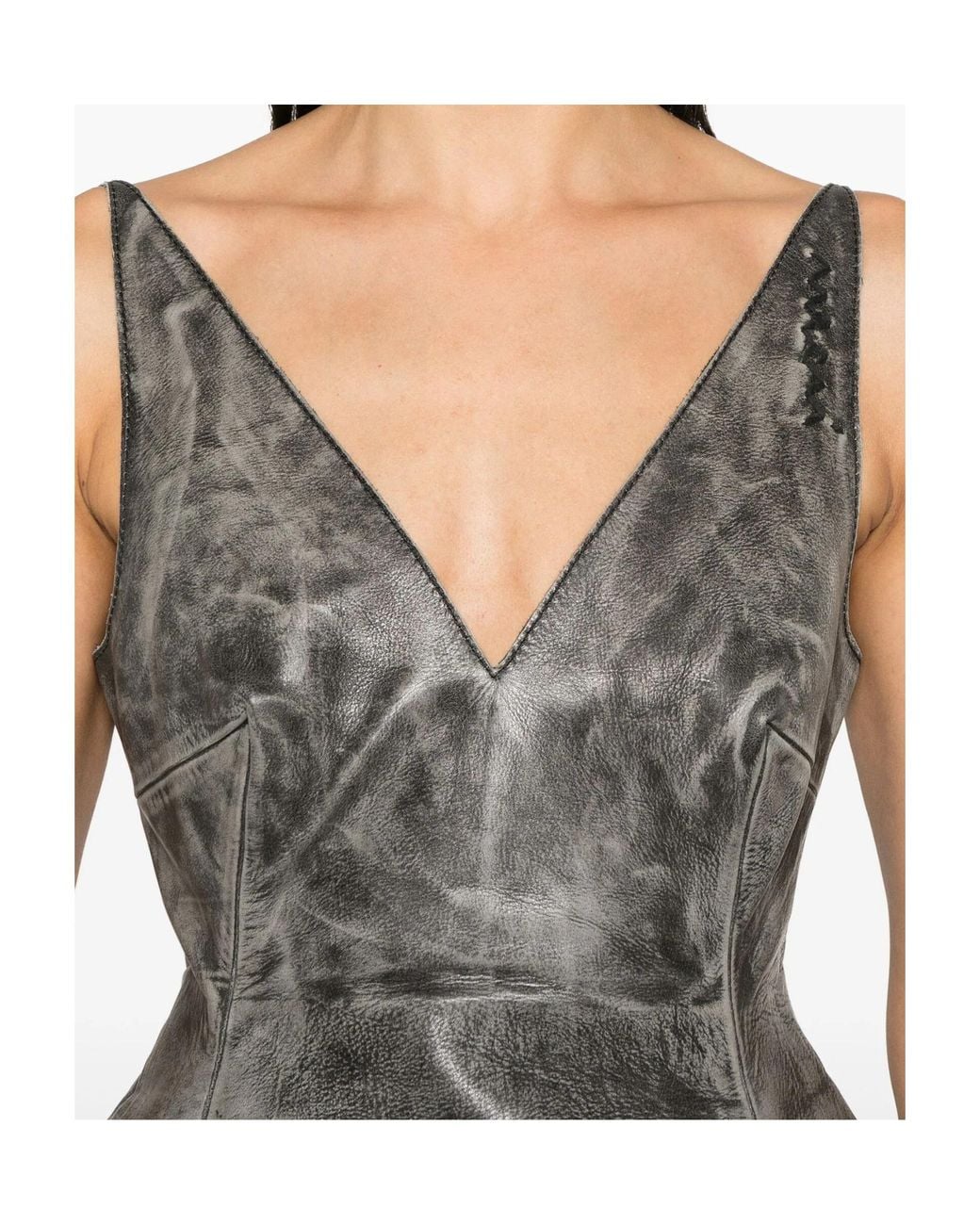 Marni Gray Leather Sleeveless Plunging V-Neck Flared Mini Dress