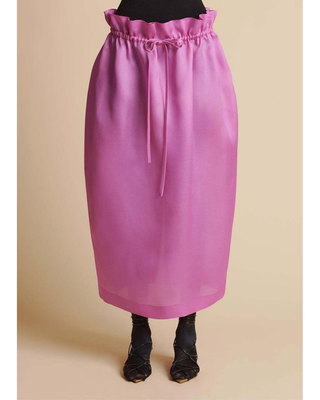 Khaite Pink Ember Paperbag-waist Silk Organza Midi Skirt