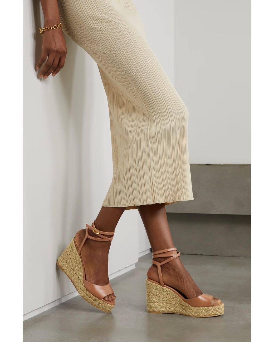 Stuart Weitzman Metallic Barelynude Leather Espadrille Wedge Sandals