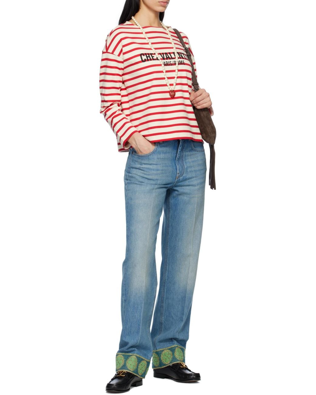 Valentino Red Logo Printed Striped Crewneck T-Shirt