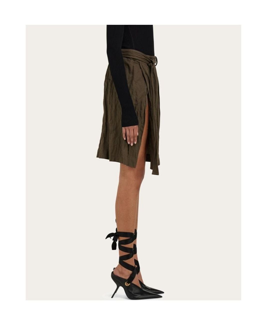 Ferragamo Green Ferragamo Belted Waist Ruched Midi Skirt