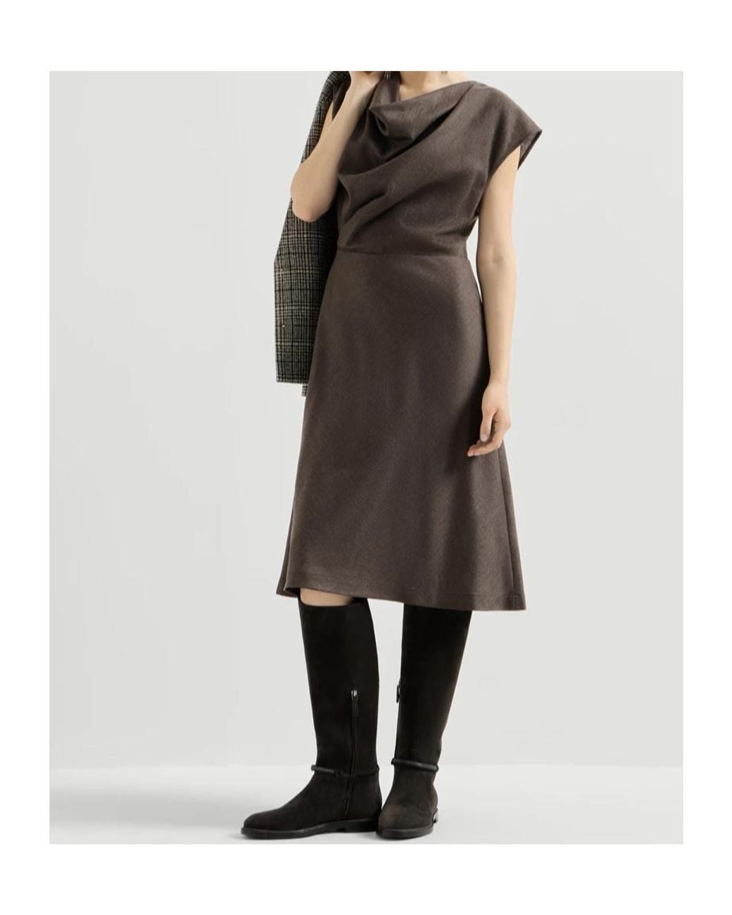 Brunello Cucinelli Brown Virgin Wool Diagonal Flannel Wrap-Effect Dress With Monili