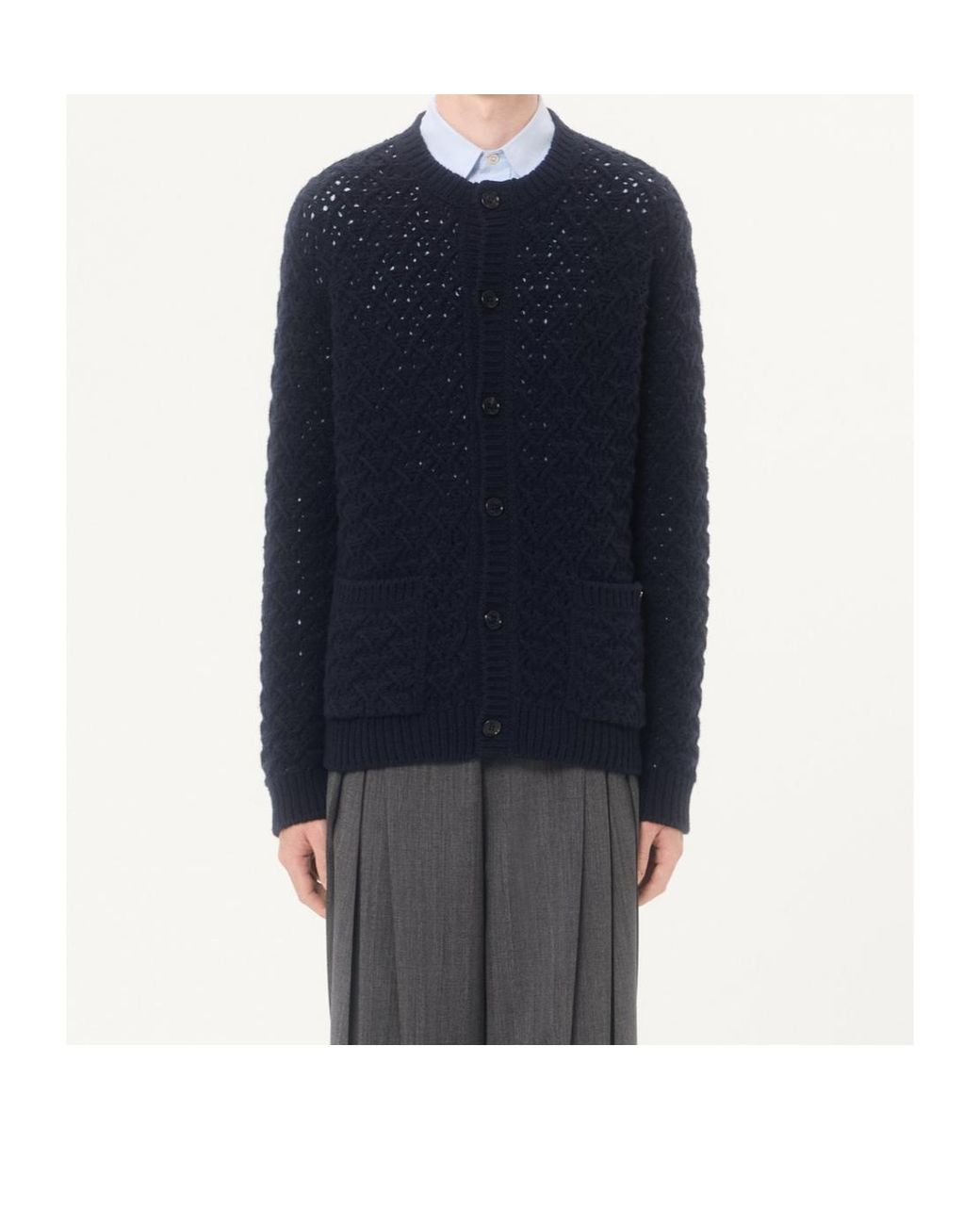Valentino Blue Wool And Cashmere Cardigan With Metallic V Detail for men
