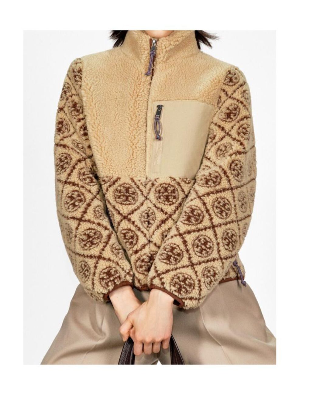 Tory Burch Natural T Letter Combination Fleece Jacket
