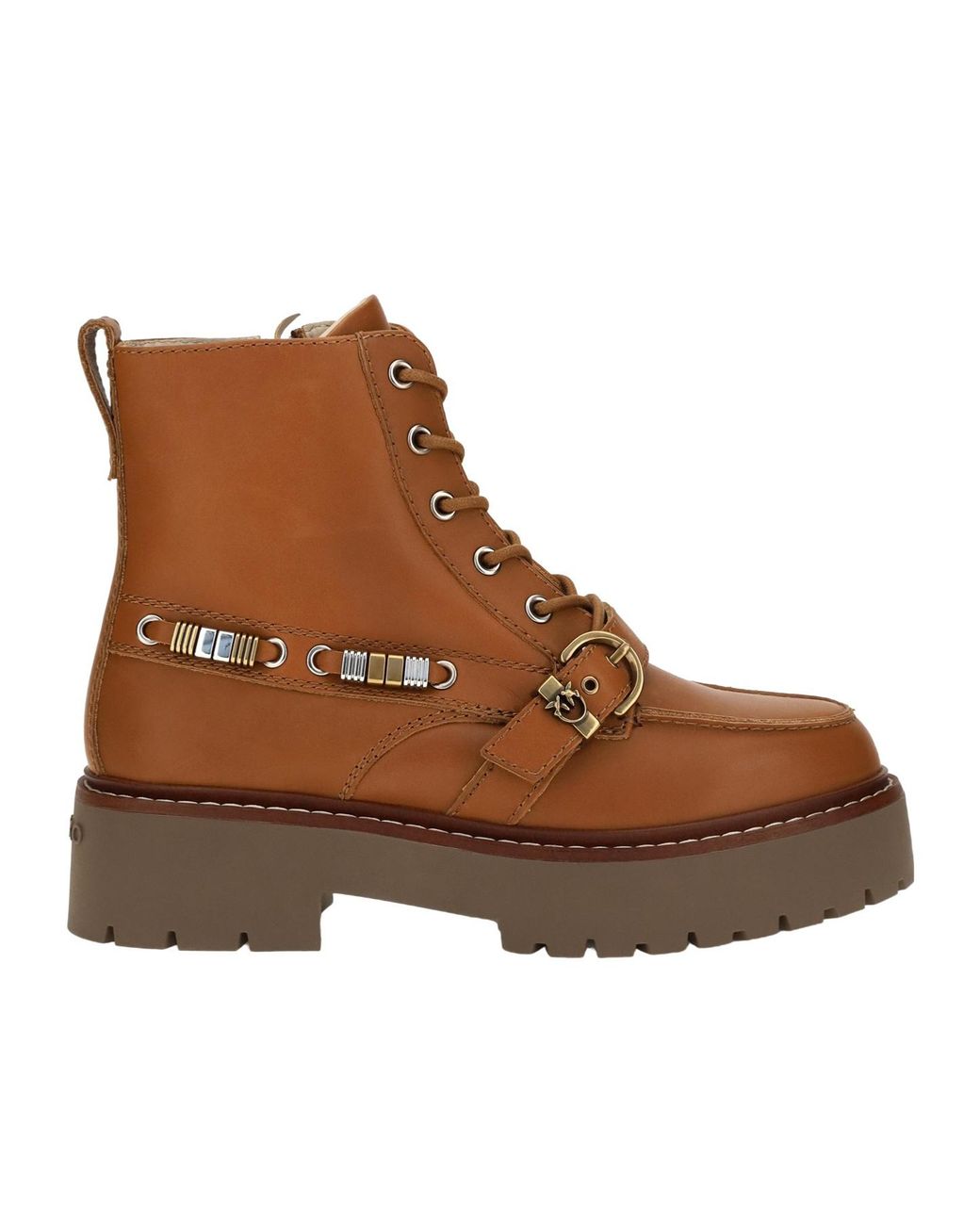 Pinko Brown Round Toe Buckle Detailed Boots