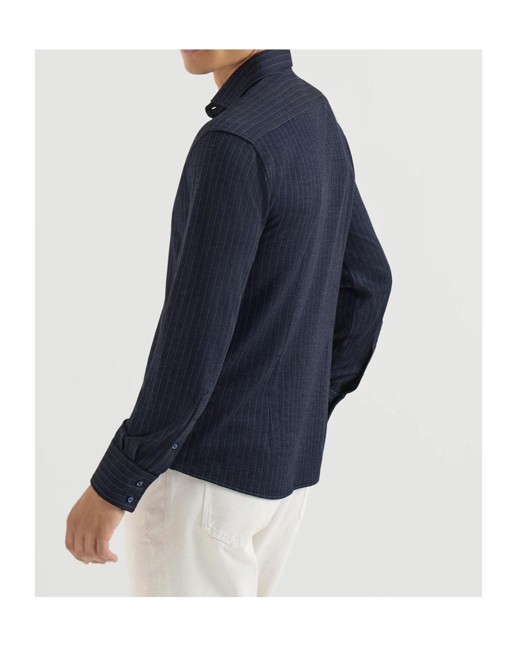 Brunello Cucinelli Blue Virgin Wool, Silk And Cotton Chalk Stripe Piqué Shirt With Spead Collar for men